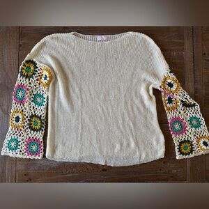 Cream Knit Sweater with Granny Square Crochet Sleeves Boho Festival Spring